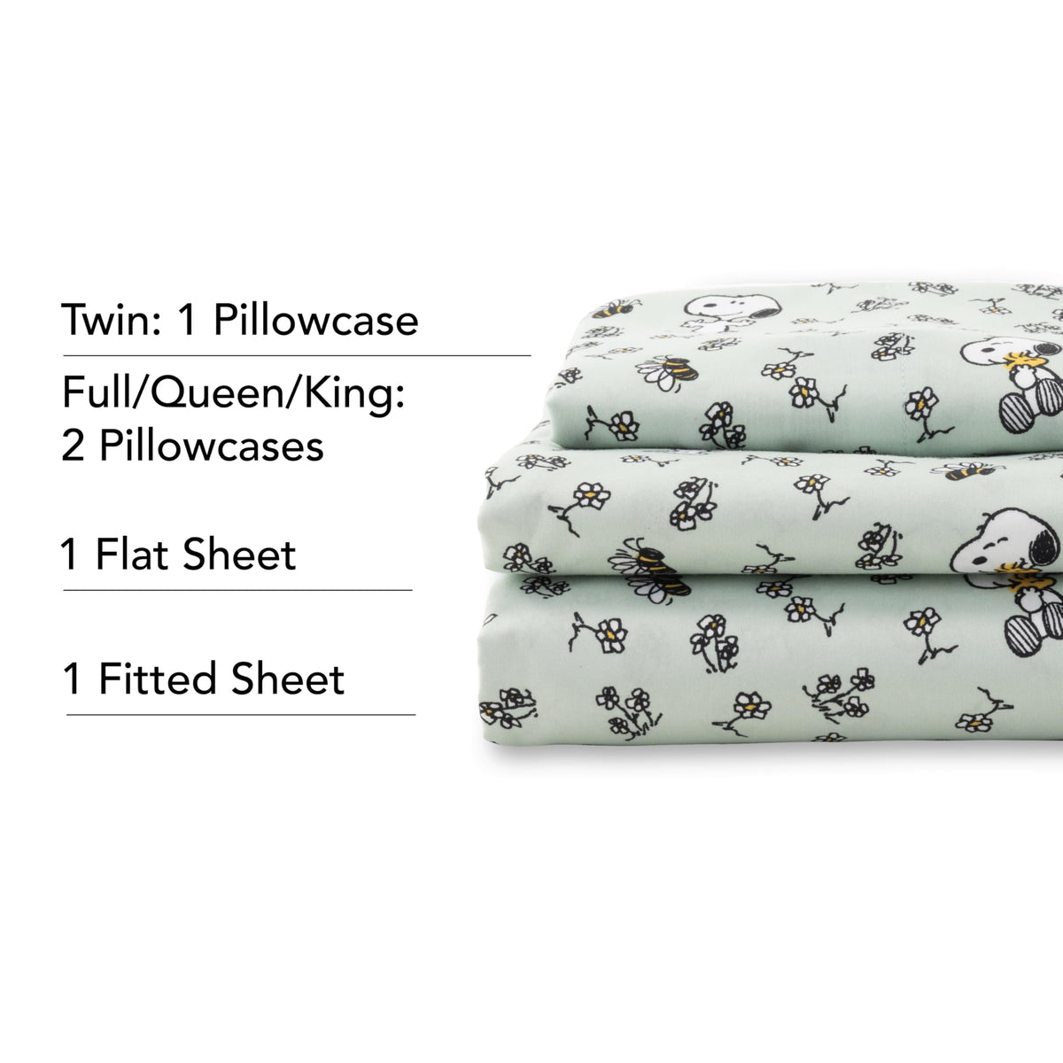 Berkshire Peanuts® Sheet Set Queen Size - 4 Pieces,Cute Character Snoopy Printed Soft Microfiber Bed Sheets,Mini Snoopy & Woodstock New Flower and Bees Sage