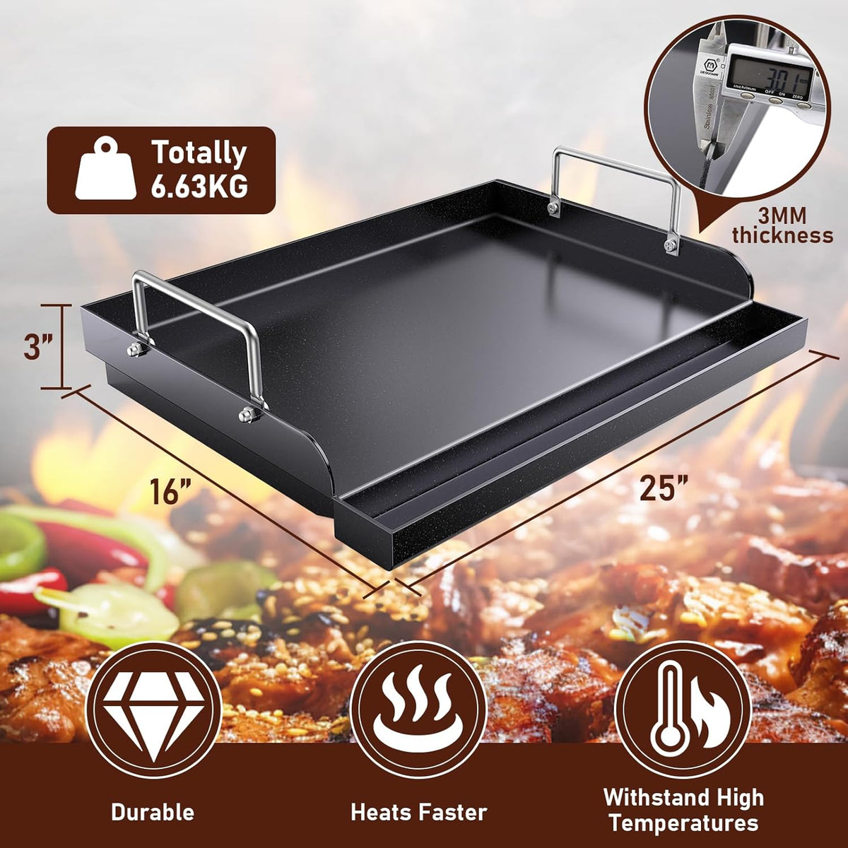 Nonstick Cast Iron Griddle for Gas Grill Nanoceramic Stove Top Griddle for Gas Stove 25" x 16" Flat Top Plate Cooking Skillet Pan Teppanyaki for Camping Outdoor Tailgating Plancha Para Cocinar