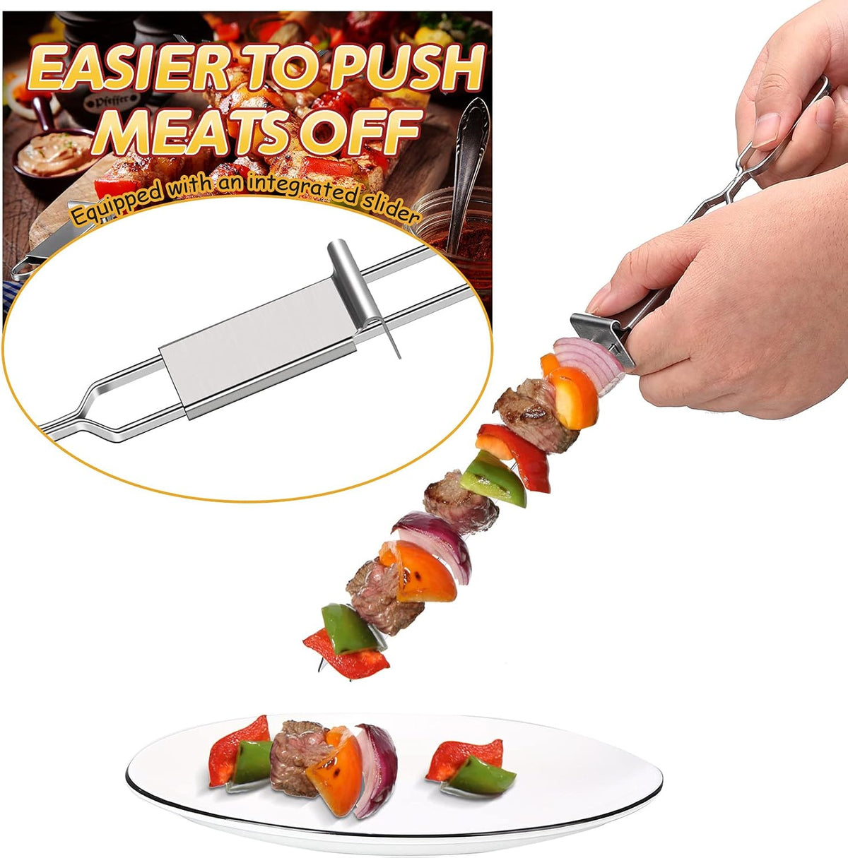 Lallisa Kabob Skewer for Grilling, Metal Stainless Steel BBQ Stick with Push Bar, Double Pronged Kebab Tool Quick Release Meat, Chicken, Vegetable and Fruit (6 Pieces), 2.8 x 32.5 cm/ 1.1 12.8 inch