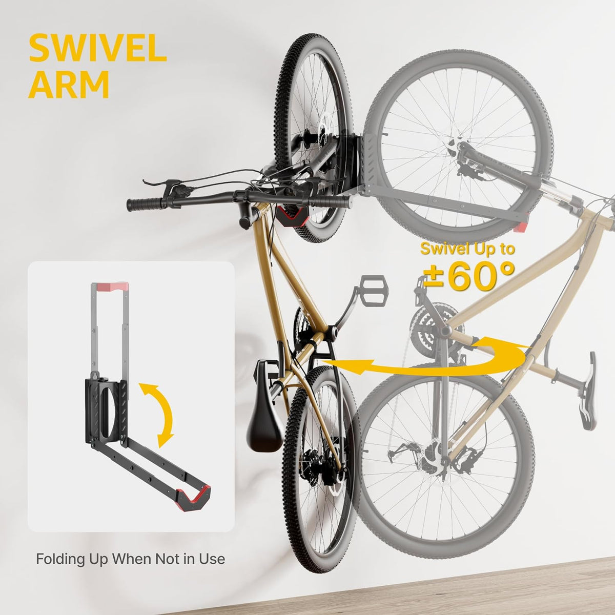 monTEK Swivel Bike Wall Mount, No Heavy Lifting Required Bike Wall Mount, Bike Hangers for Garage, Space-Saving Bike Rack Garage, Easy to Load and Unload, Bike Hanger Can Hold Up to 77 lbs