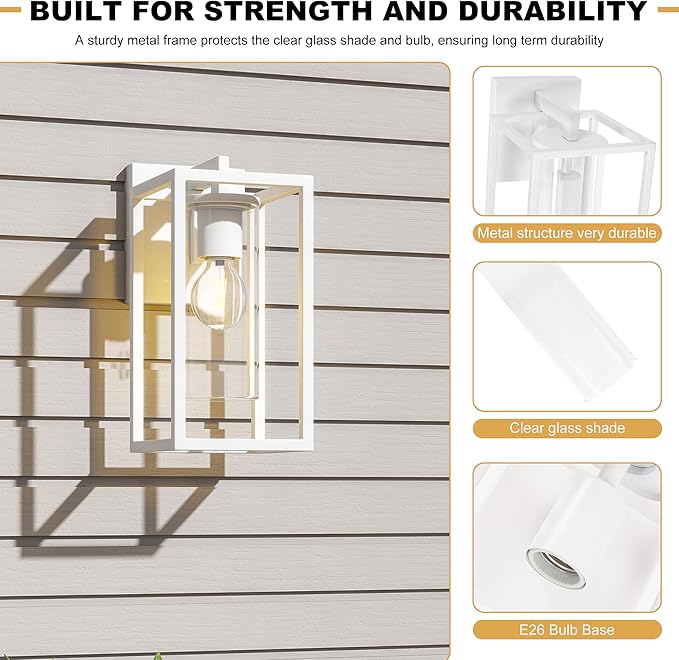 Pia Ricco Outdoor Wall Lights, Outdoor Wall Lantern with Circular Clear Glass Shade, Waterproof Exterior Lighting Fixtures, Modern Front Porch Lighting for House, Garage, E26 Base, ETL Listed, White