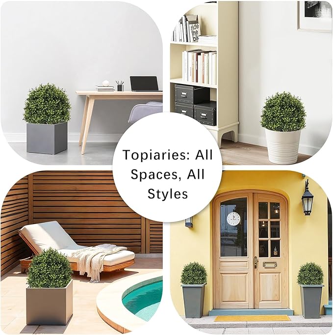 27“ Realistic Artificial Boxwood Topiary Trees Set of 2, Faux Boxwood Plants Outdoor UV-Resistant, No Maintenance Curb Appeal Fake Evergreen Bushes & Shrubs for Front Porch Outside Planter Decor