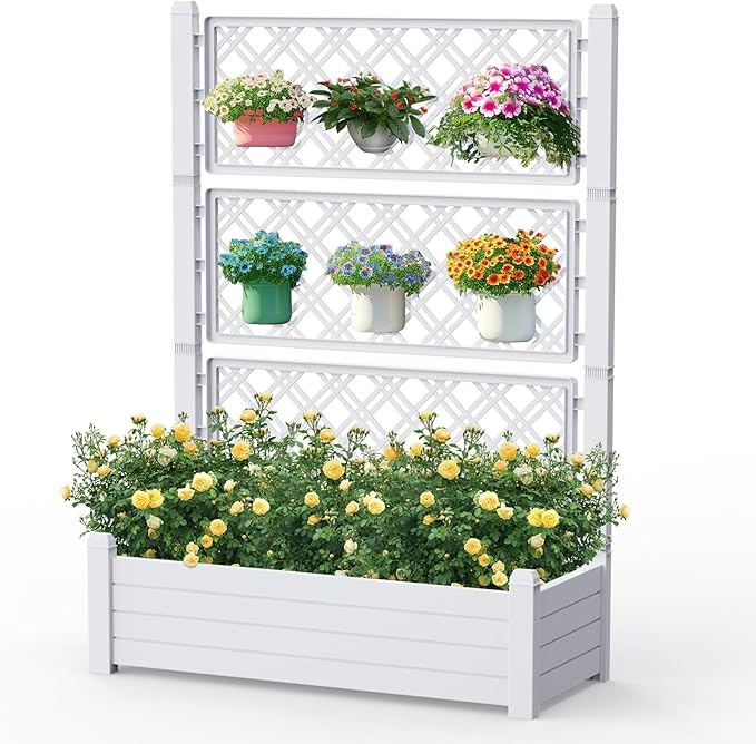 59.3in Planter Box Trellis, Large Outdoor Plastic Raised Garden Bed with Drain Plug for Climbing Plants(Ashen,43.43 * 18.27 * 59.29)