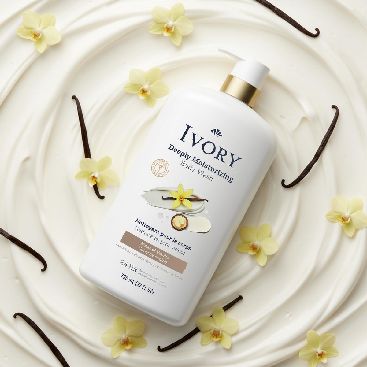 Ivory Deeply Moisturizing Body Wash, 24hr Nourishing Hydration, Soothes Itchy Dry Skin, Made with Shea Butter Blend, Free of Dyes Heavy Perfumes Parabens & Phthalates, Vanilla Scent, 27 oz