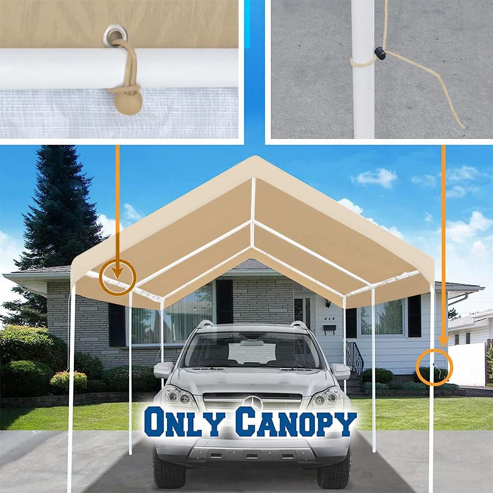 Rutile 12'x20' Carport Canopy ONLY Tent Garage Replacement Top Tarp Car Shelter Cover w/Ball Bungees Beige (Only Top Cover, Frame is not Included)