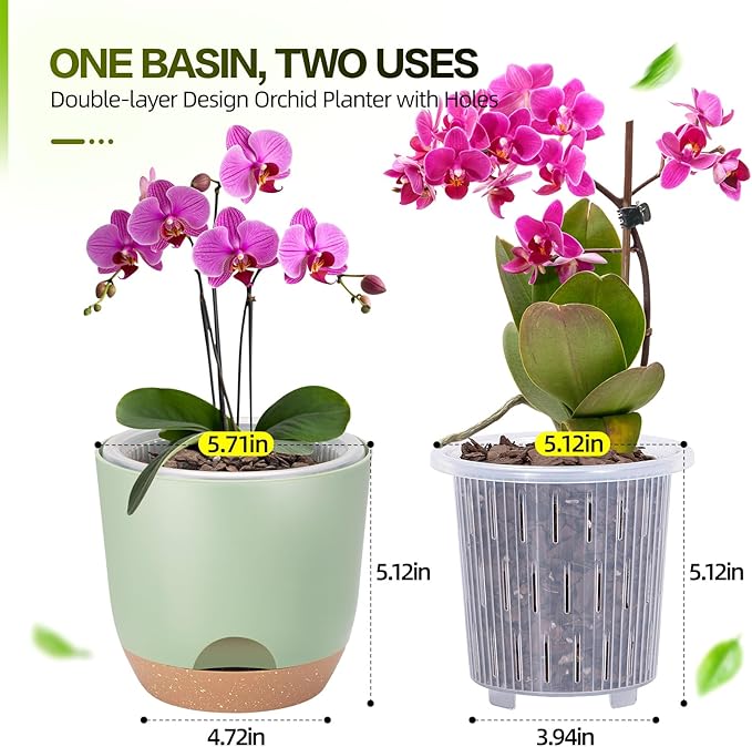 Self Watering Orchid Pots for Indoor Plants,5.8 Inch Macetas para Orqudeas,Flower Pots for Indoor Plants with Holes(Green)