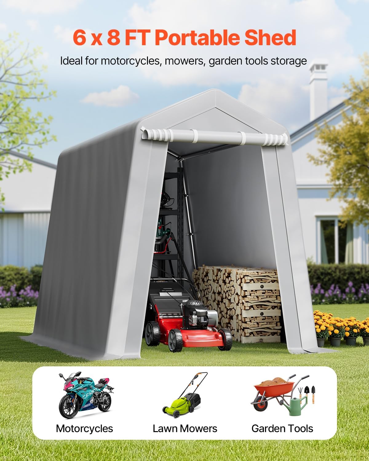 VEVOR 6x8x7 FT Portable Outdoor Storage Shed, Heavy-Duty Waterproof Shelter with Roll-Up Zipper Door & Vents, UV-Resistant Carport for Motorcycle, Bike, Lawn Mower, Tools �Gray
