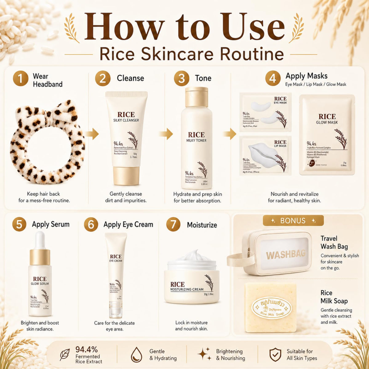 Korean Skin Care Set, 17PCS Rice Skin Care for Women & Girls,Korean Beauty