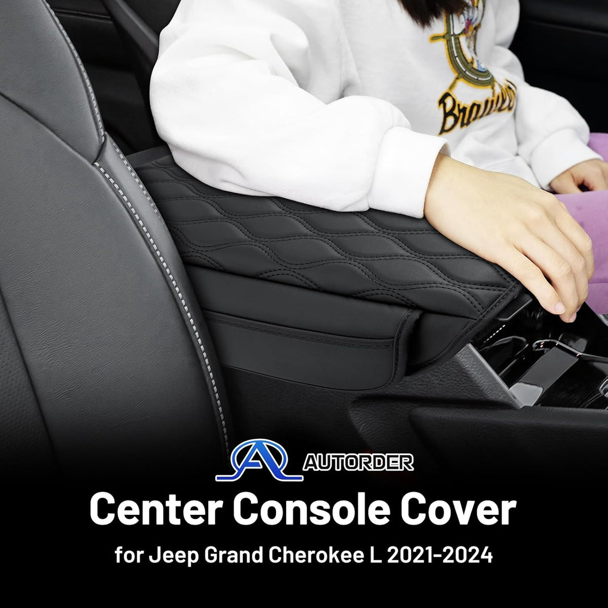Autorder Center Console Cover for 2021-2025 2026 Jeep Grand Cherokee L Accessories Armrest Cushion Cover Nappa Leather Middle Console Covers Grand Cherokee L Console Cushion Pad Anti-Scratch
