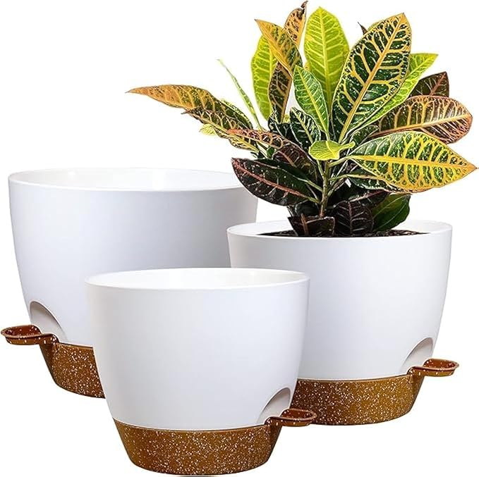 10/9/8 inch Self Watering Pots, Set of 3 Plastic Planters with Mesh Drainage Holes and Deep Reservoir for Indoor Outdoor Garden Plants and Flowers, White with Brown