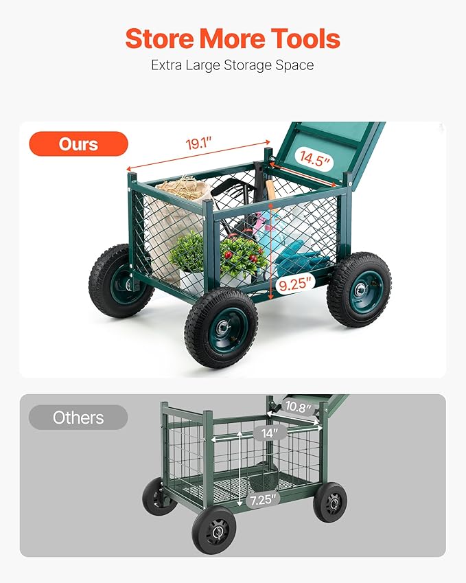 VEVOR Rolling Garden Cart with Seat, Metal Rolling Garden Work Seat with Wheels, Supports up to 400 LBS, Heavy Duty Gardening Cart Scooter, Outdoor Wagon & Stool on Wheels for Lawn, Patio, Backyard