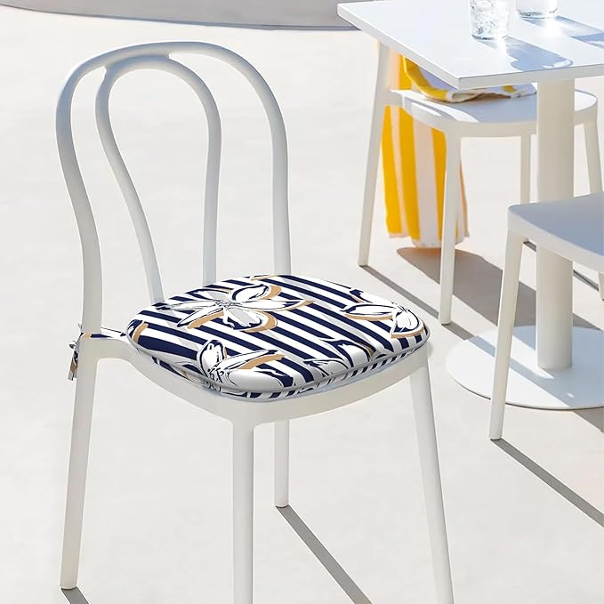 Indoor/Outdoor Chair Cushions 16x17 Inch, Patio Chair Cushions with Ties, All Weather Seat Cushions for Patio Furniture Home Garden Chair Use, Set of 4, Clemens Cabana Navy