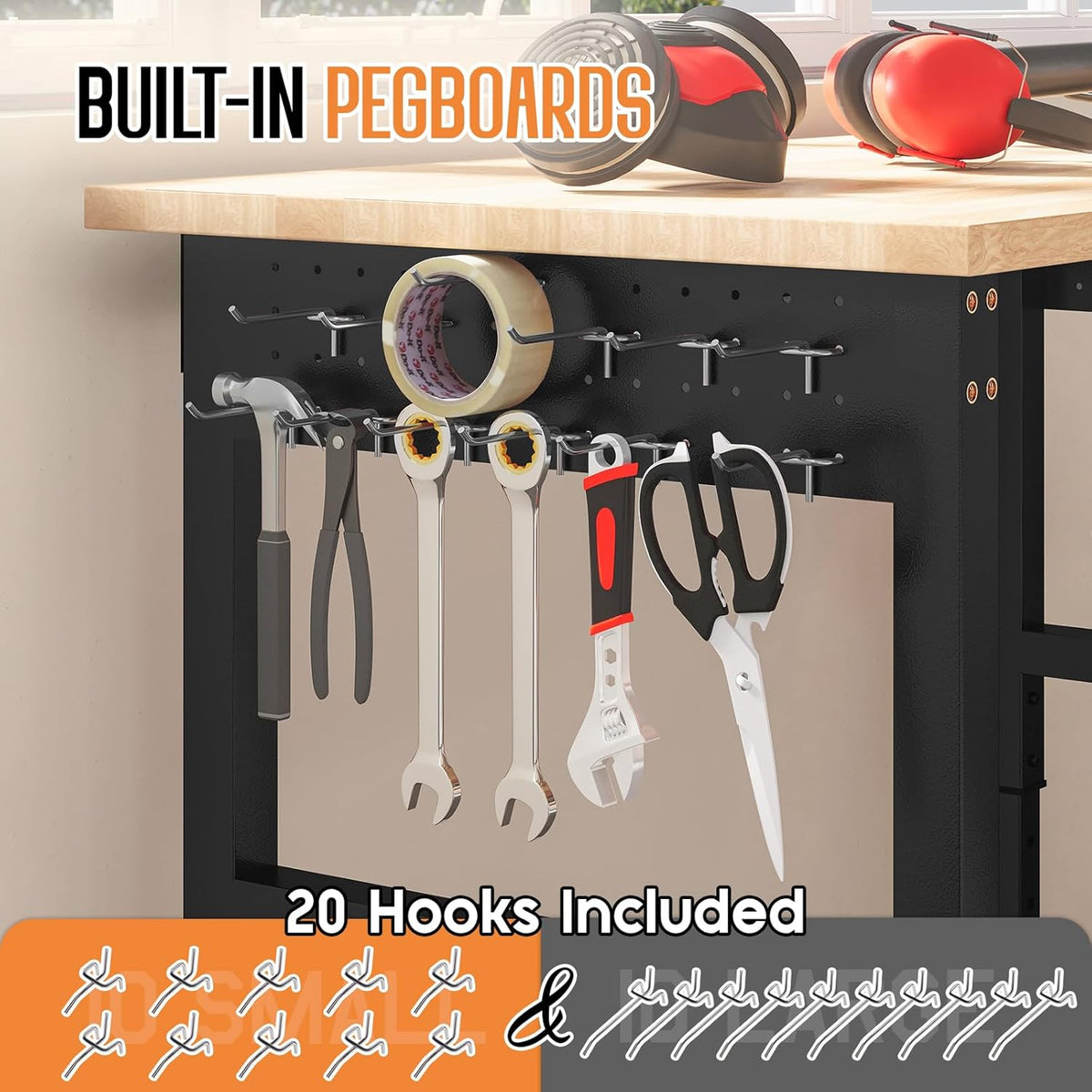 Albott 56"x48" L-Shaped Adjustable Workbench with Storage & Power Strip, Heavy Duty Tool Bench for Woodworking, Garage, Workshop, Home Office, 6000LBS Load, Pegboard & Hooks, ETL Certified