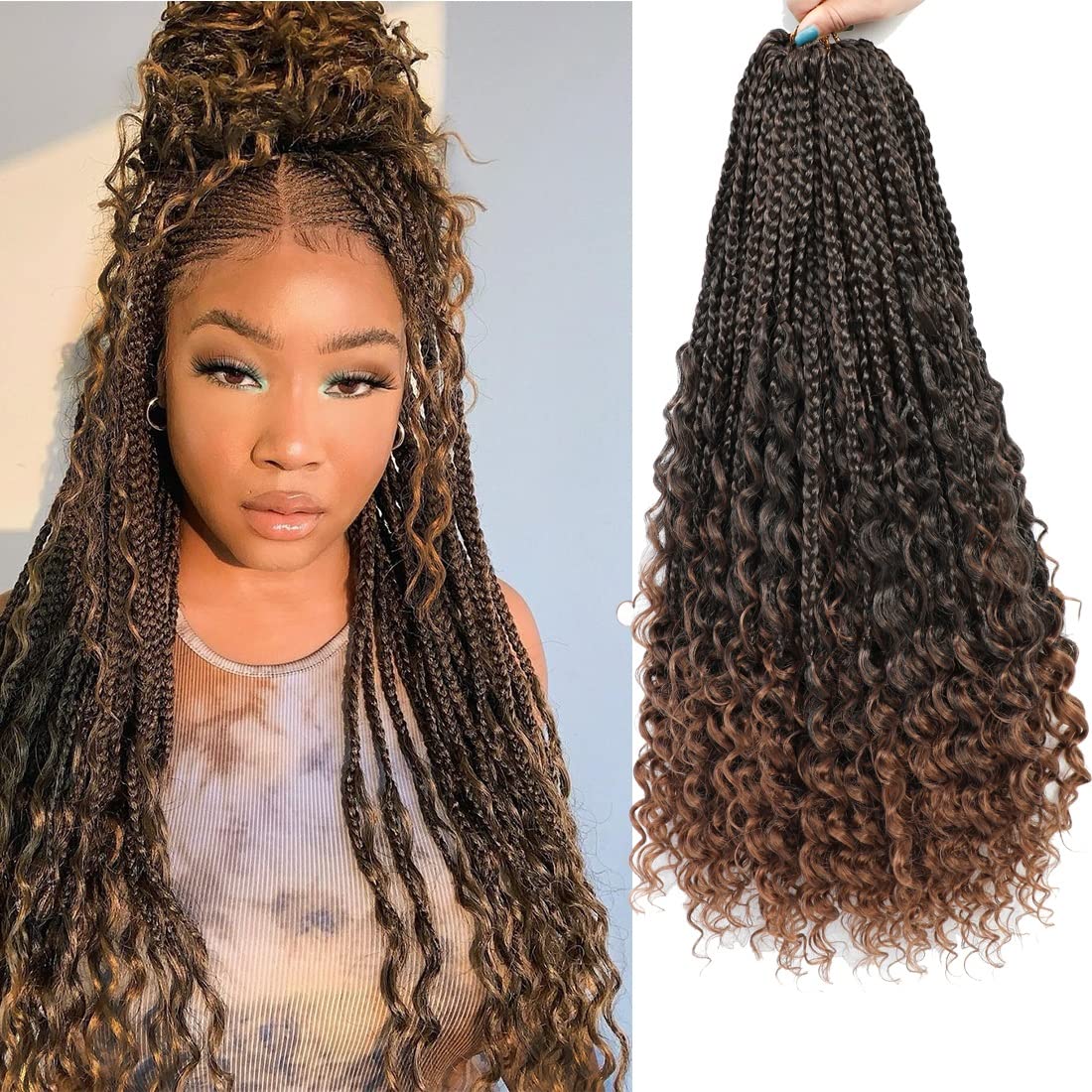 Crochet Box Braids Curly Ends 144 Strands 22 Inch Bohomian 3X Goddess Crochet Hair Synthetic Crochet Braids Hair Extensions (22I