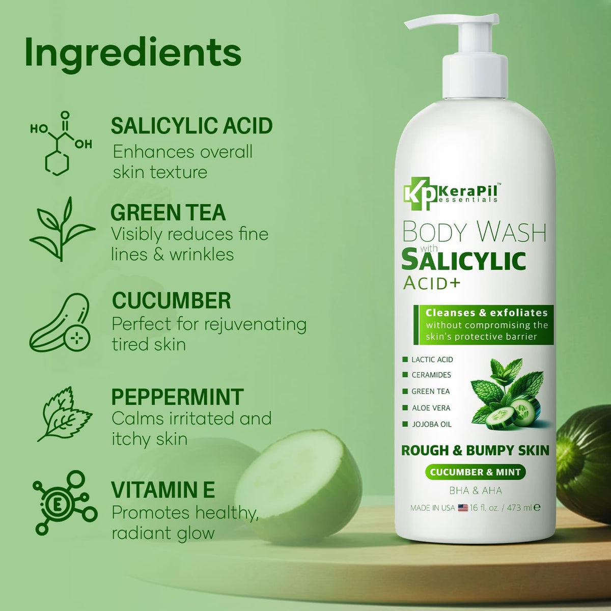 KERAPIL Exfoliating Body Wash, Cucumber and Mint, 16 fl oz x 2