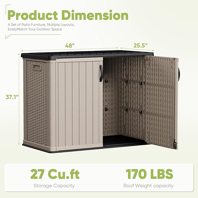Devoko Outdoor Storage Cabinet 26 Cu Ft with Lockable Doors, Horizontal Storage Shed Waterproof Patio Tools Storage Box for Sofa Cushions, Gardening Tools and Accessories (Beige)