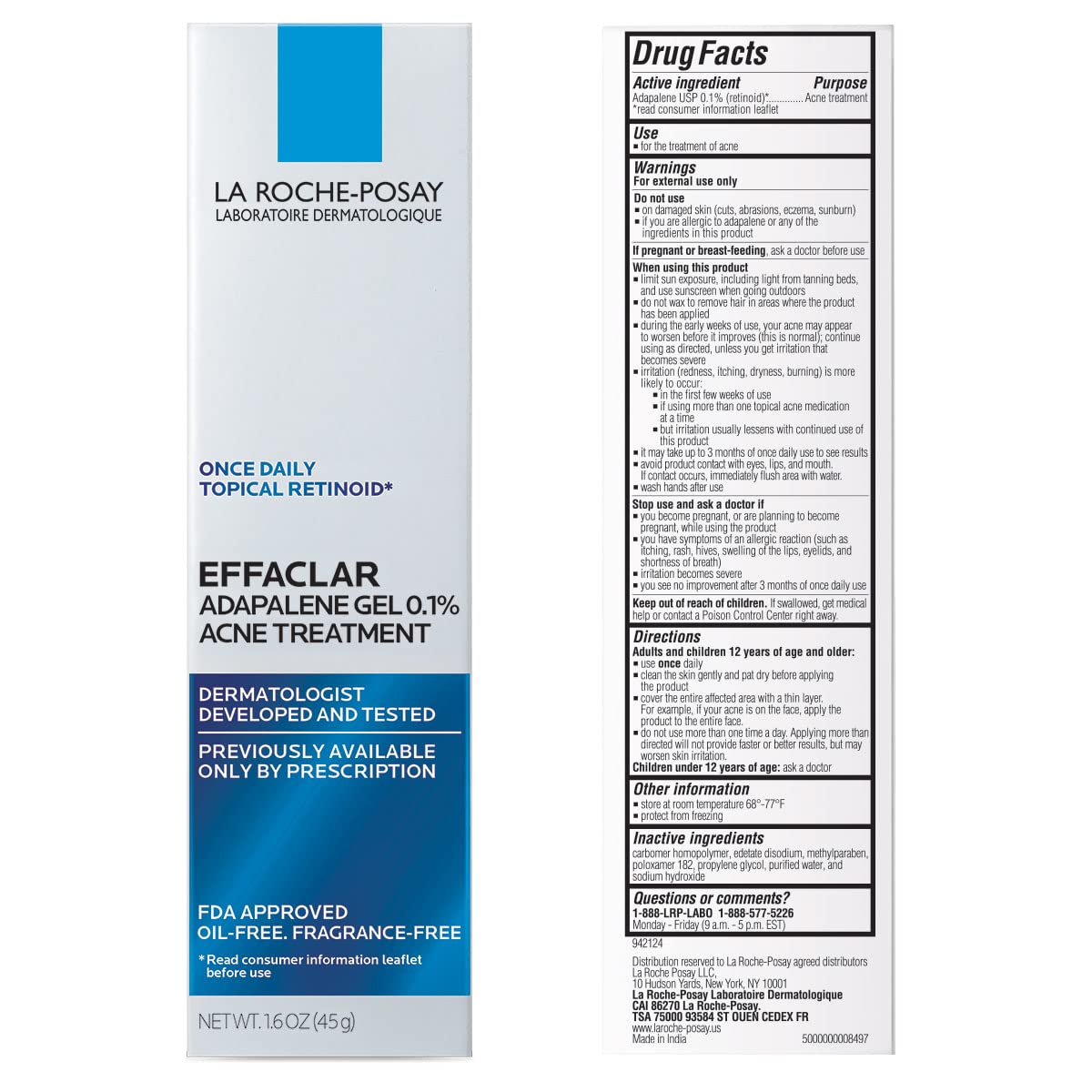 La Roche-Posay Effaclar Adapalene Gel 0.1% Acne Treatment, 1.6oz