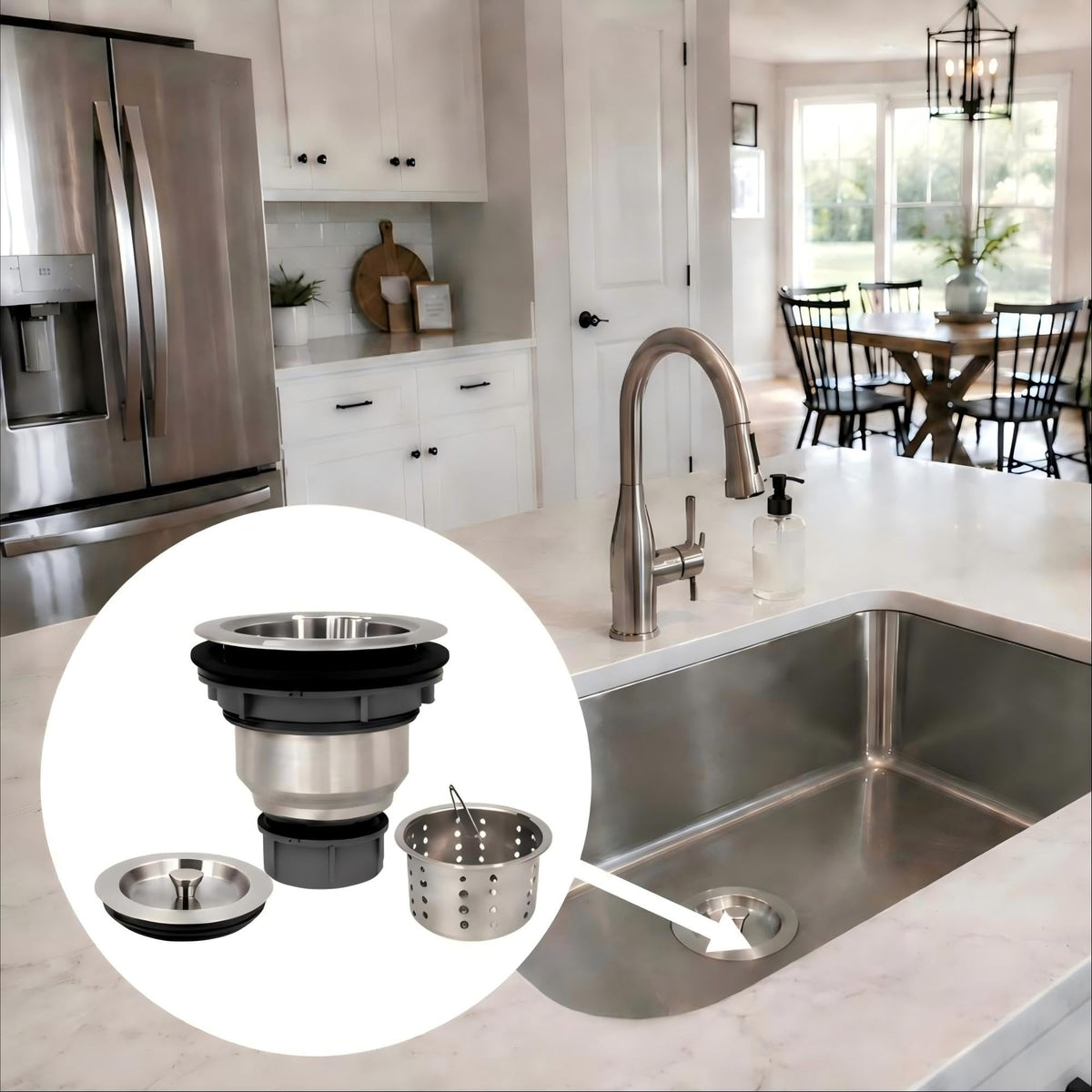 LYNNADO Kitchen Sink Drain Assembly Kit, 3-1/2 Inch Brushed 304 Stainless Steel Basket Strainer with Deep Removable Basket, Stopper & Cover Lid, Fits Standard Kitchen Sinks
