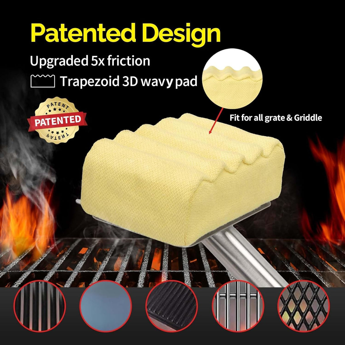 Grill Brush Bristle Free,Aramid Fiber Wavy Pad Seamless-Fit Cast Iron/Stainless-Steel Grates,BBQ Replaceable Scraper Cleaning Head,Safe Grill Cleaner for Outdoor Grill,Gifts for Men/Dad