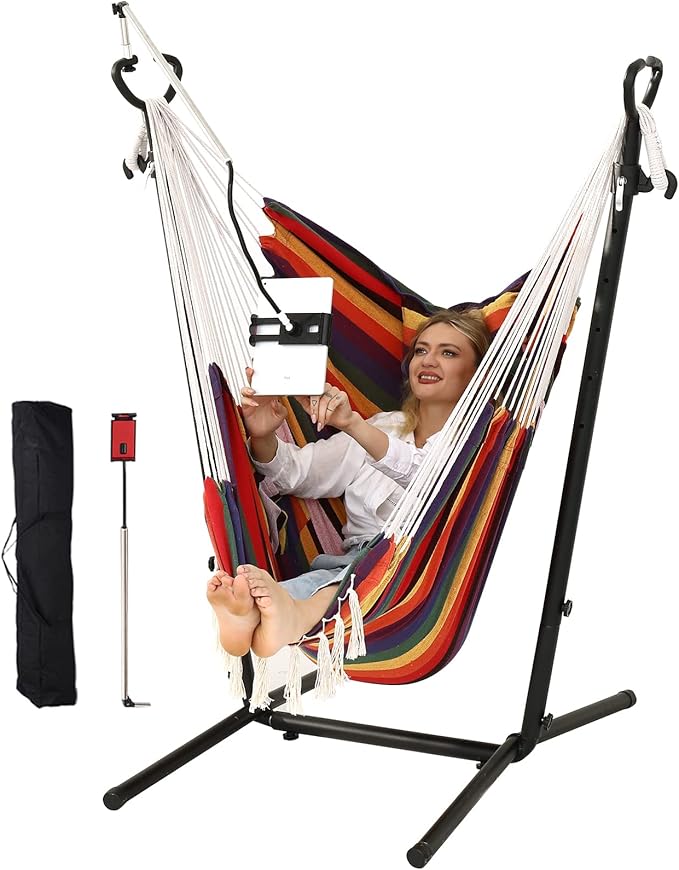 ZEYU Hammock Chair with Stand Double Hammock Chair Bohemian Style with Tassel Mobile Phone Support Manual Adjustable Swing Indoor and Outdoor Garden Porch with Floor mat Reclining Capacity 400 pounds