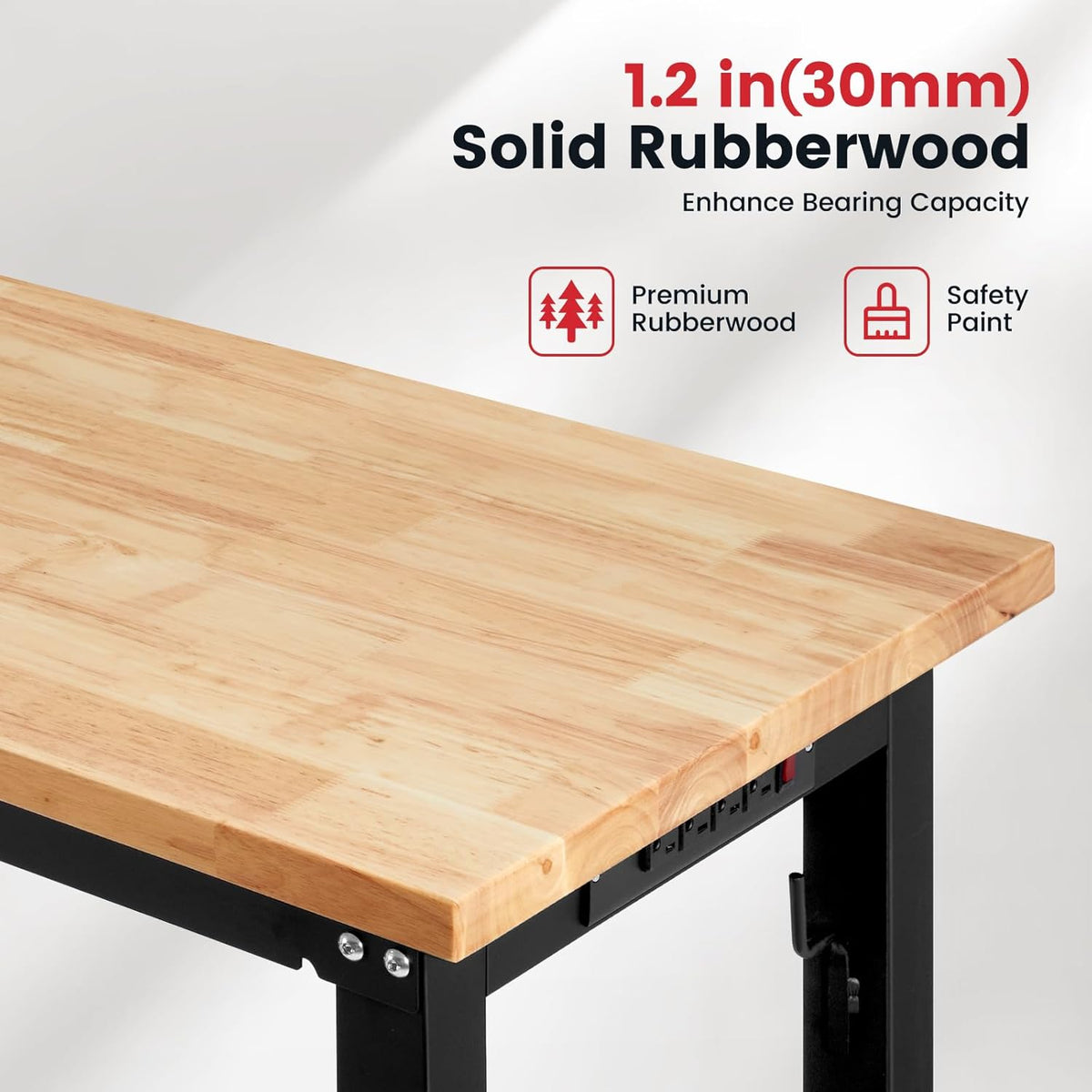 60 Inch Workbench for Garage Adjustable Height Work Bench with Pegboard Power Outlets Rubber Wood Tabletop Work Table for Cutting Wood Woodworking Shop Home Office Electronic