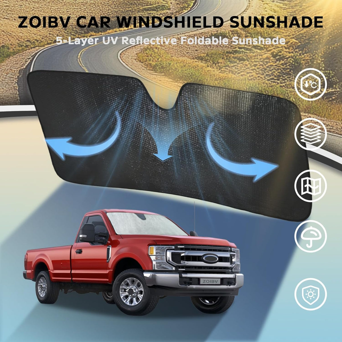 Windshield Sun Shade for 2017-2022 Ford F250 F350 F450 F550 Super Duty - 5-Layer Bubble Foldable Front Window Shade Sun Visor Accessories - Blocks Heat & UV Rays