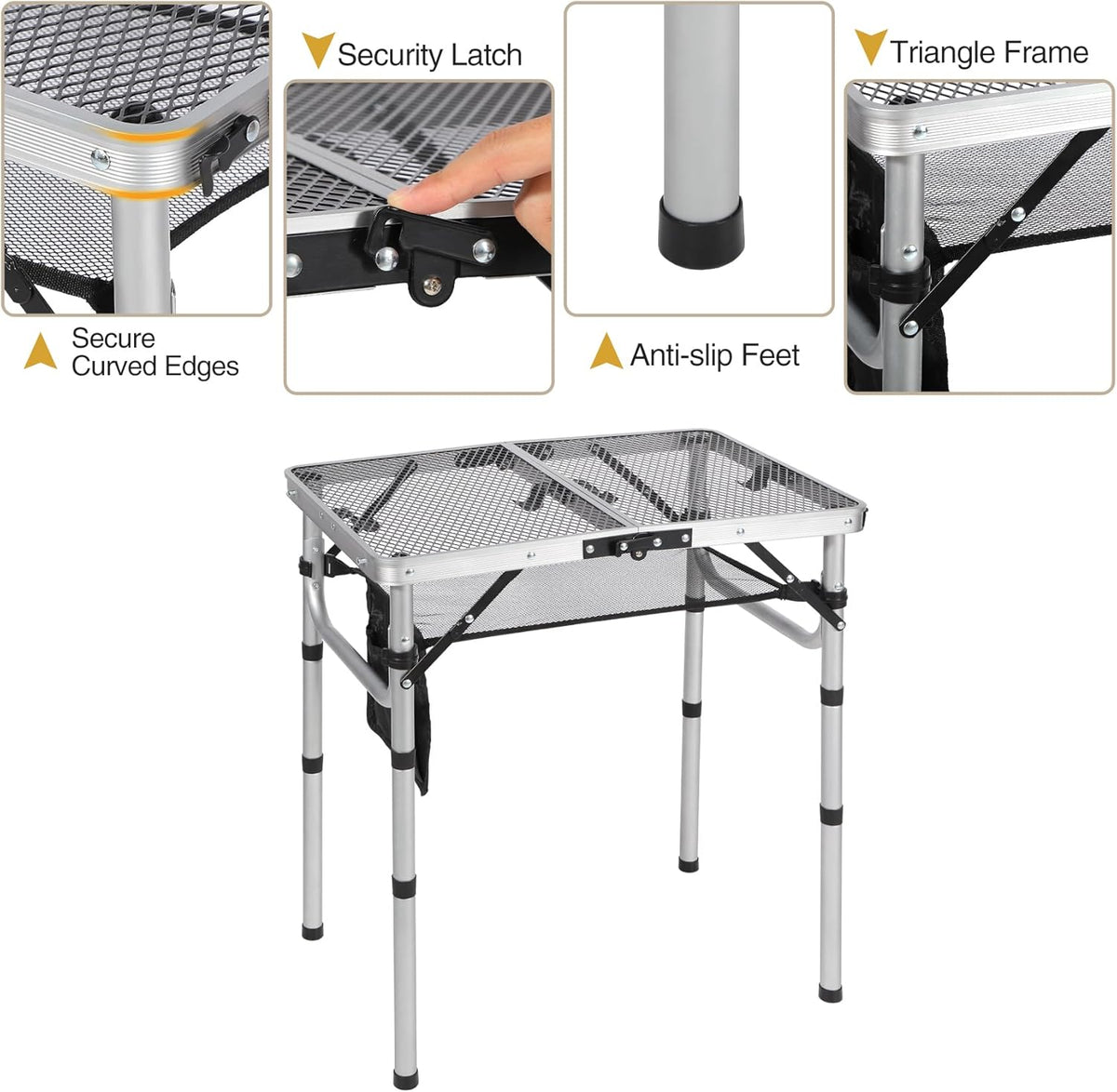 REDCAMP Small Folding Grill Table for Outside, 2Ft Lightweight 4 Height Adjustable Portable Metal Table with Mesh Desktop, Outdoor Table for Camping Picnic Beach and BBQ, Silver