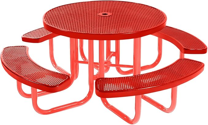 Heavy-Duty Portable Outdoor Picnic Table with Umbrella Hole, Punched Steel Commercial-Grade Patio Furniture Made in America (46" Round Top, Red with Red Frames)