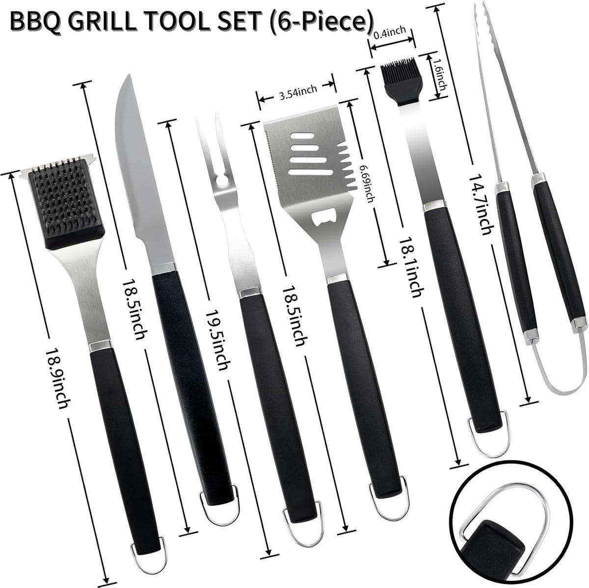 Supernal Pro Grill Master Kit -6pc Heavy Duty Stainless Steel BBQ Tools Set with Anti-Slip Handles|Commercial-Grade Spatula,Grill Brush,Basting Brush,Chef's Knife & More|Gift for Dad's Outdoor Cooking