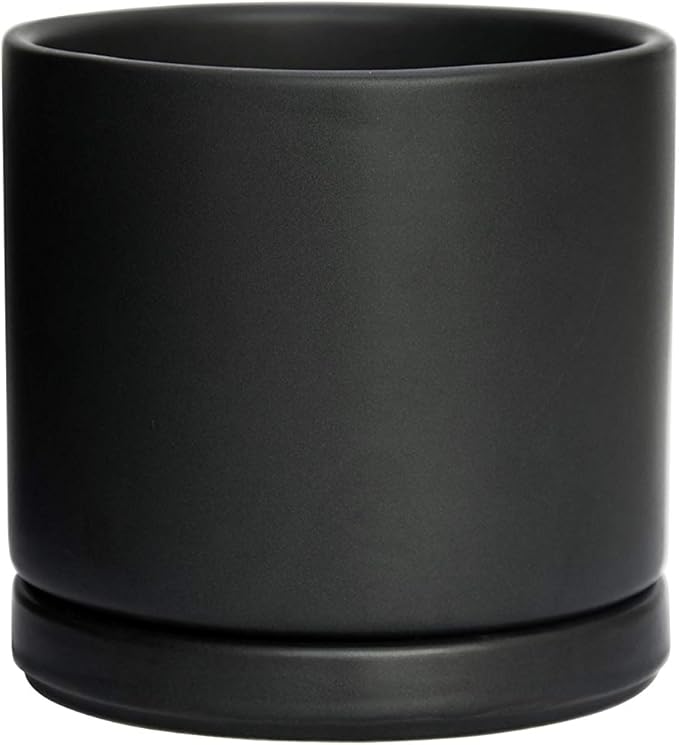 D'vine Dev Ceramic Planter Pot with Drainage Hole and Saucer, Indoor Cylinder Round Flower Pot, 4.6 Inch, Black, 94-O-B-2