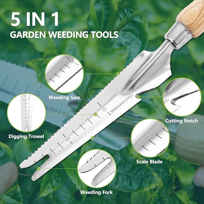 Berry&Bird Garden Hand Weeding Trowel, Stainless Steel Weeder Tool for Gardening with Wooden Handle, Multifunctional Manual Weed Puller & Digging Knife for Planting Transplanting Cutting Measuring