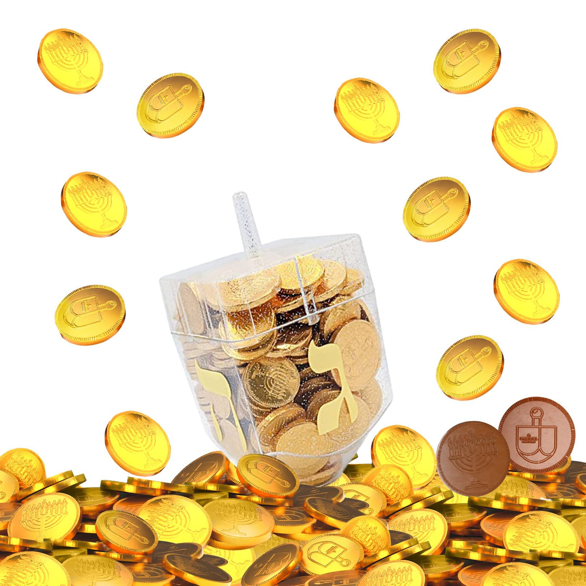 The Dreidel Company Jumbo Hanukkah Dreidel Filled with Chocolate Gelt Coins, Chocolate Half Dollar Coins, Chanukah Gelt, Kosher (Pack of 4)