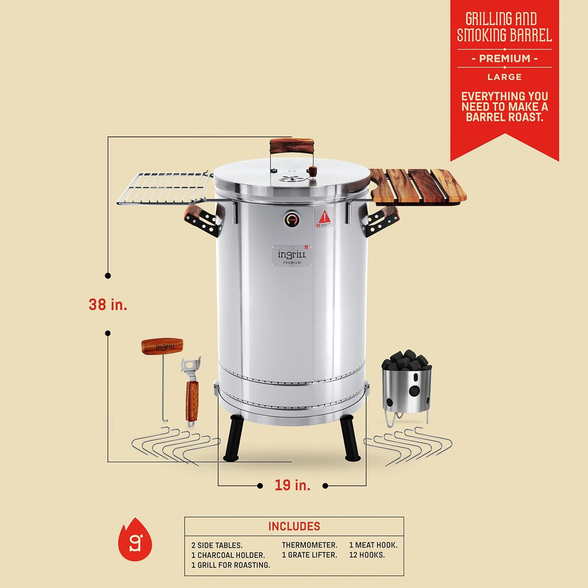 Charcoal Grills - 40 lbs Stainless Steel Smoker Grill 3-in-1 for Cooking & Home BBQ - Portable Vertical Smoker Barrel for Outdoor Grilling & Camping - Meat Grill with Thermometer & Accessories