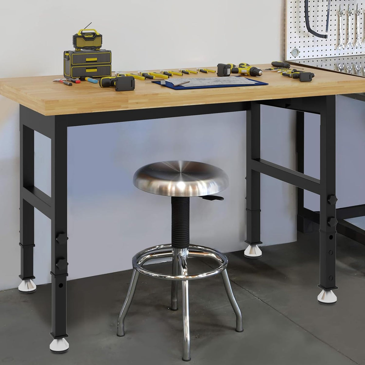 48” Chipboard Wood Work Bench Work Table, Mental Tool Heavy-Duty Adjustable Workbench, 3000 Lbs Capacity Tool Bench Workstation for Garage, Workshop