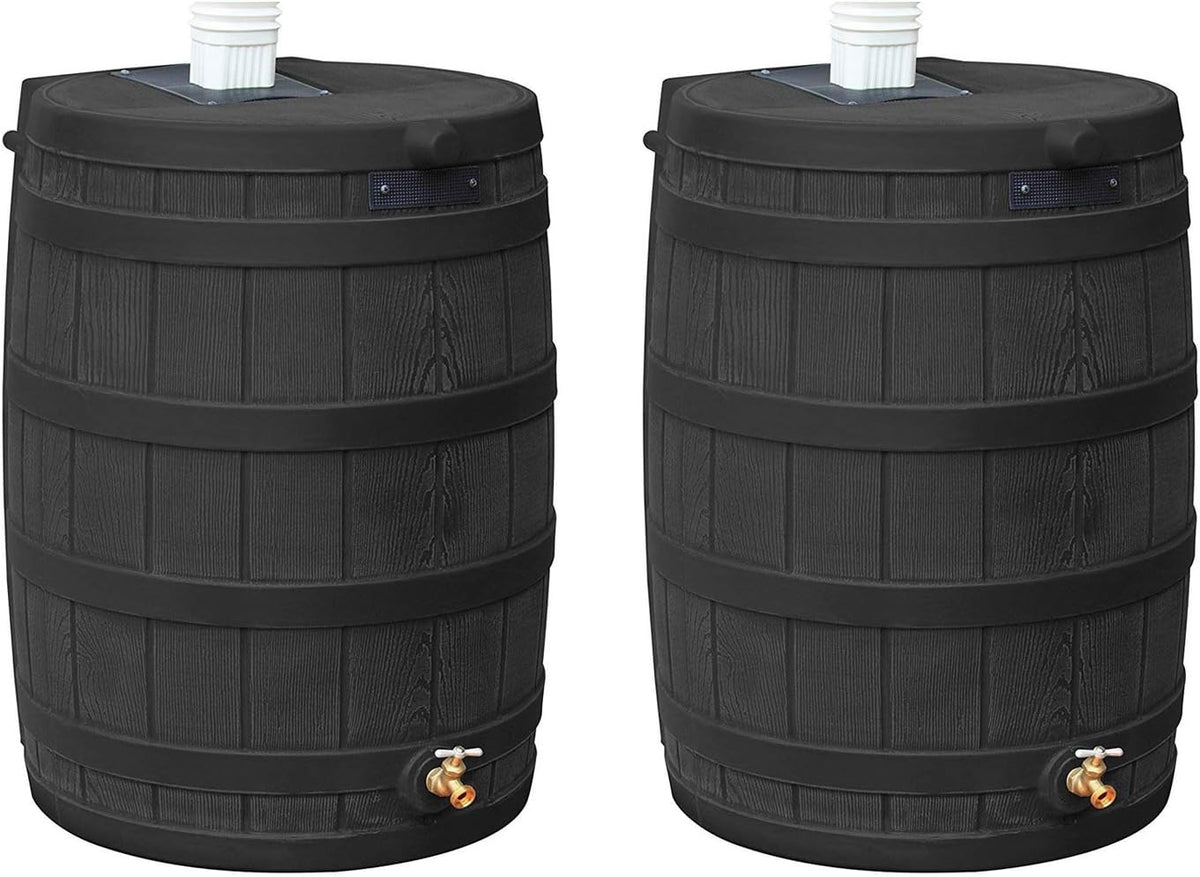 Good Ideas Rain Wizard 50 Gallon Plastic Outdoor Home Water Storage Tank Rain Barrel Collector with Brass Spigot and Flat Back Design, Black, 2 Pack