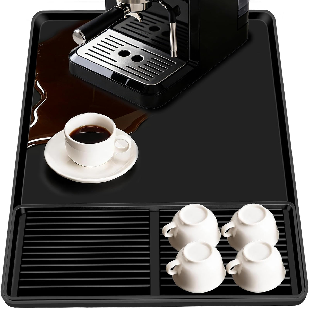 Coffee Mat with Detachable Dish Drying Mat，24'' x 16'' Large Silicone Coffee Bar Station Mat for Countertop, Stays in Place, Waterproof and Heat Resistant Machine Accessories Mat with Raised Edges
