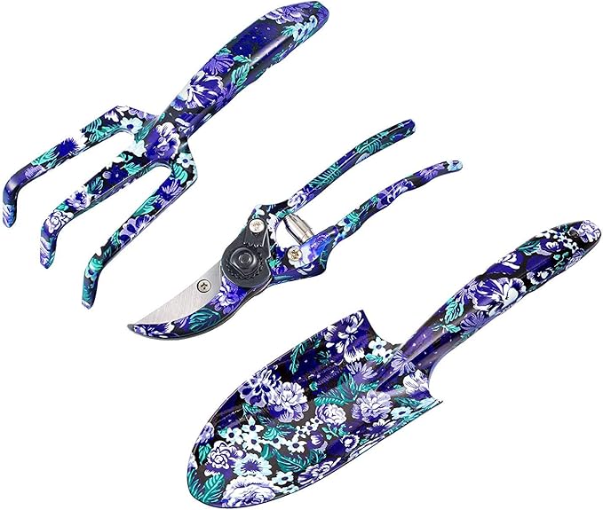FLORA GUARD 3 Piece Aluminum Garden Tool Set - Trowel, Cultivator, Pruning Shear, Gift Set for Gardening Needs (Purple&Blue)