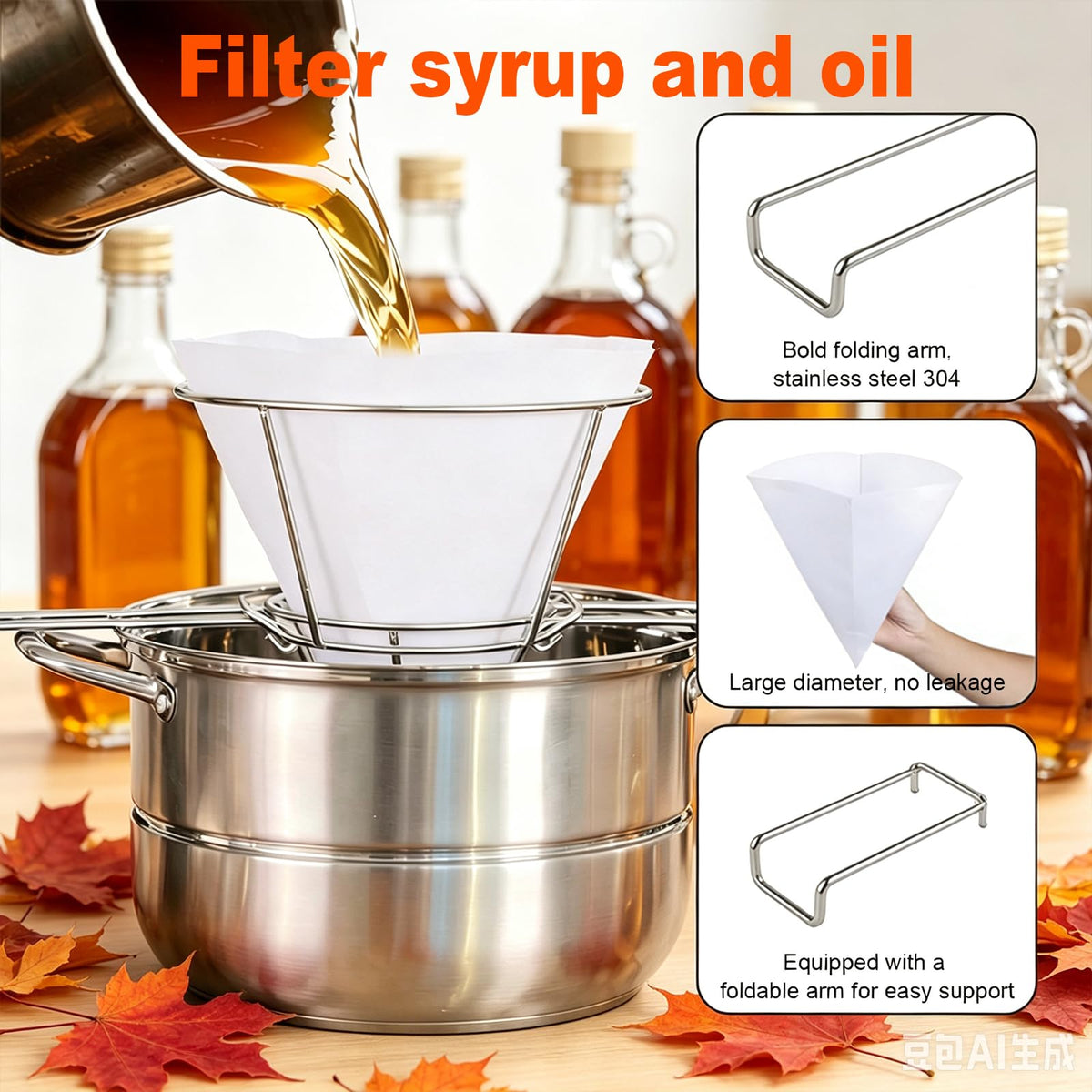Maple Syrup Filter Holder with 10 Pcs Filter Paper, Oil Strainer with Stand