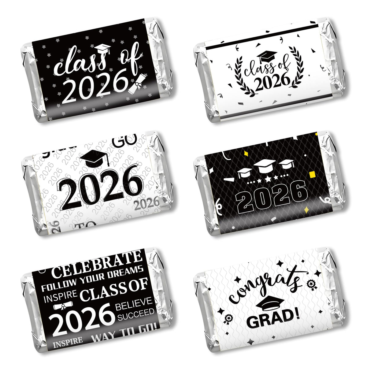 Graduation Party Decorations 2026 Graduation Label Stickers, 120PCS Congrats Grad Mini Black White Candy Wrapper Class Of 2026 Chocolate Bar Sticker
