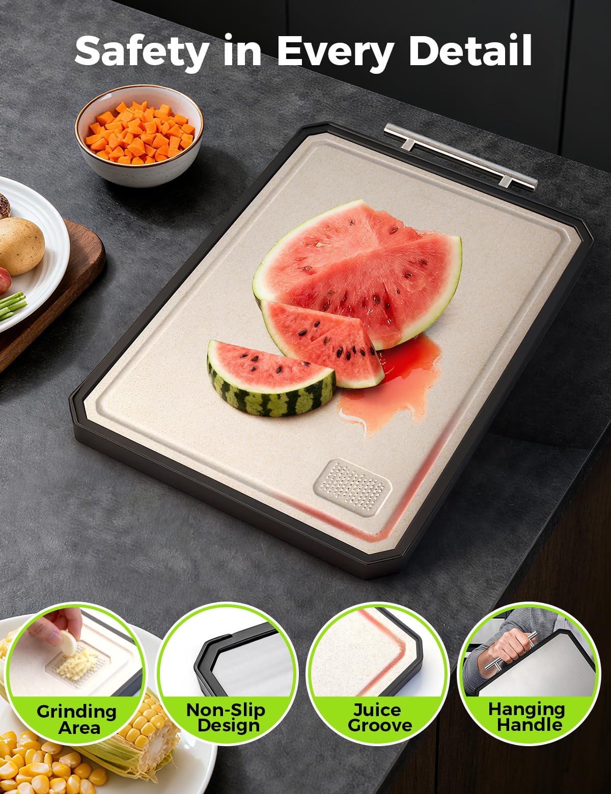 Titanium Cutting Board for Kitchen, Double Sided Non Toxic Titanium Cutting Board with JUICE GROOVE, Food-Grade Metal Chopping Board, Pure Titanium&Wheat Straw PP, Dishwasher Safe16.3”×11”-1 PC