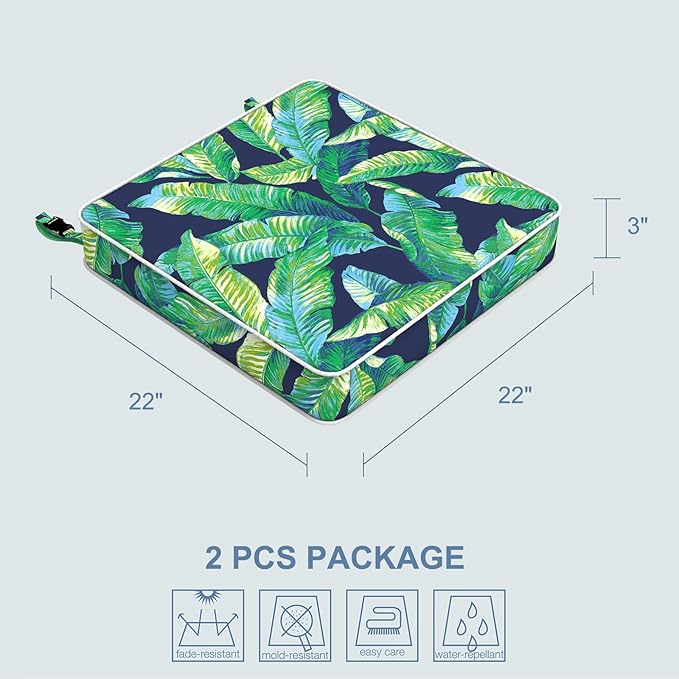 LVTXIII Patio Chair Cushions 22"x22"x3", Water-Repellent Outdoor Seat Cushions for Patio Furniture, Square Chair Pads with Ties for Home Garden Decoration, Set of 2, Hanalei Lagoon