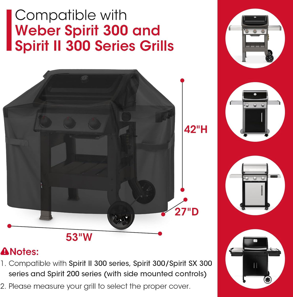 Unicook 53 Inch Grill Cover for Weber Spirit II 300 and Spirit 300 Series, Heavy Duty Waterproof Outdoor BBQ Cover, Fade Resistant Weatherproof Gas Grill Protector, Compared to Weber 7139