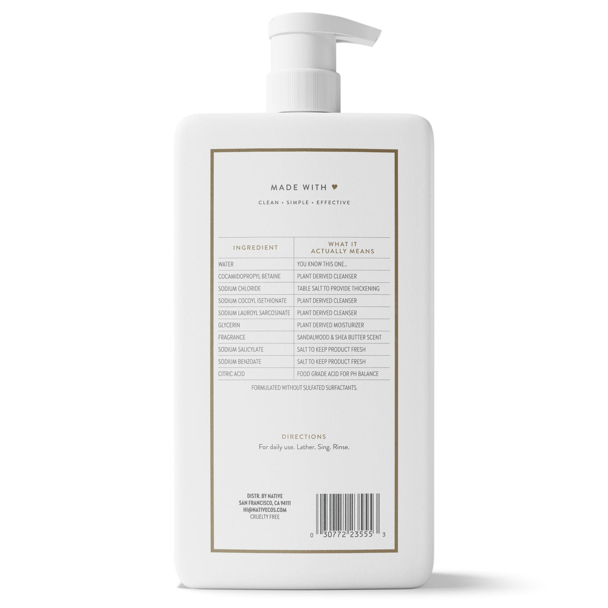 Native Clean Body Wash, Gentle & pH-balanced for Sensitive Skin, 24-Hr Freshness for Women & Men, Vegan & Cruelty-Free, Free of Sulfates, Parabens & Phthalates, Sandalwood & Shea Butter, 36 oz