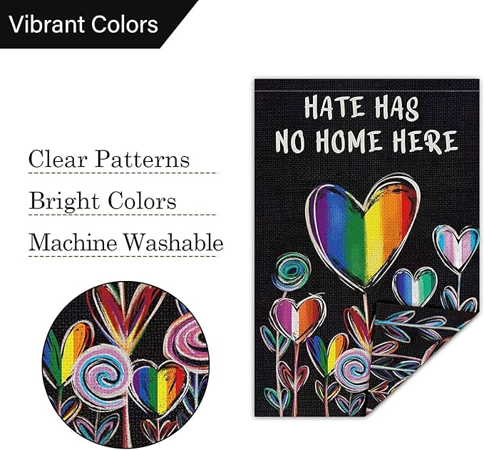 Hate Has No Home Here Pride Garden Flag 12x18 Double Sided Burlap, Small Rainbow Love Heart Gay Lesbian LGBT Pansexual Yard Sign Banner for Pride Month Porch Outdoor Decor