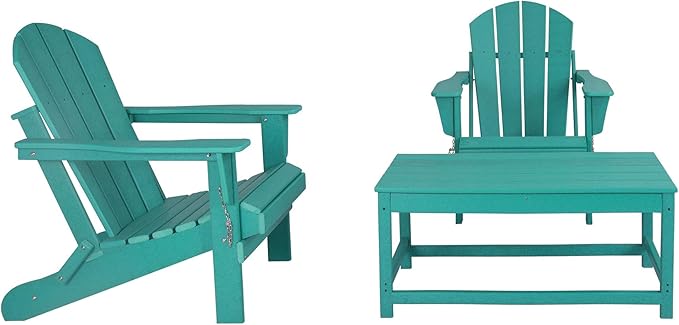 WO Home Furniture Adirondack Chairs Table Set of 3 PCS Outdoor Folding Chairs Coffee Table Weather/UV Resistant for Lawn, Garden, Bon Fire, Balcony (Turquoise)