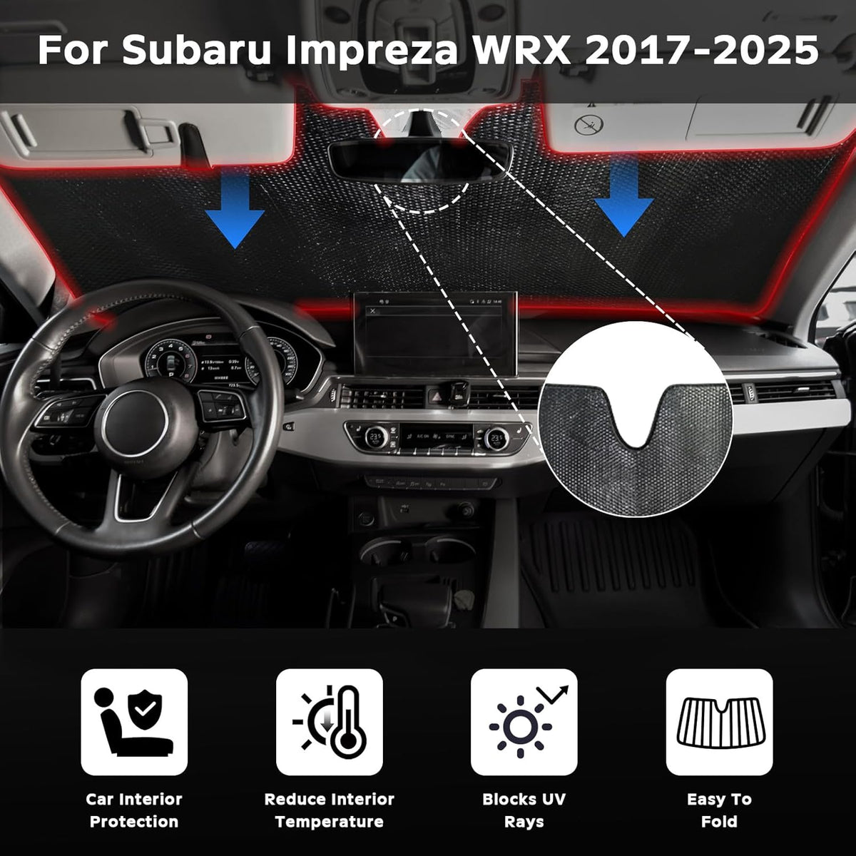 Windshield Sun Shade for 2017-2025 Subaru Impreza WRX Sedan Impreza WRX Hatchback WRX STI - 5-Layer Bubble Foldable Front Window Shade Sun Visor Accessories - Blocks Heat & UV Rays