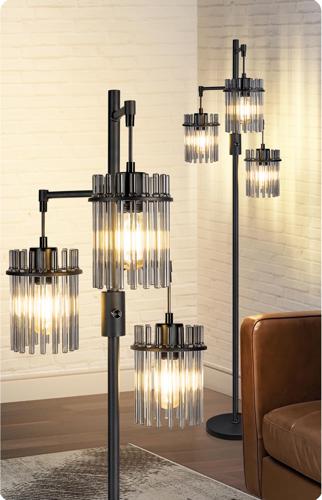 Dimmable Black Crystal Standing Farmhouse Tree Floor Lamp for Living Room