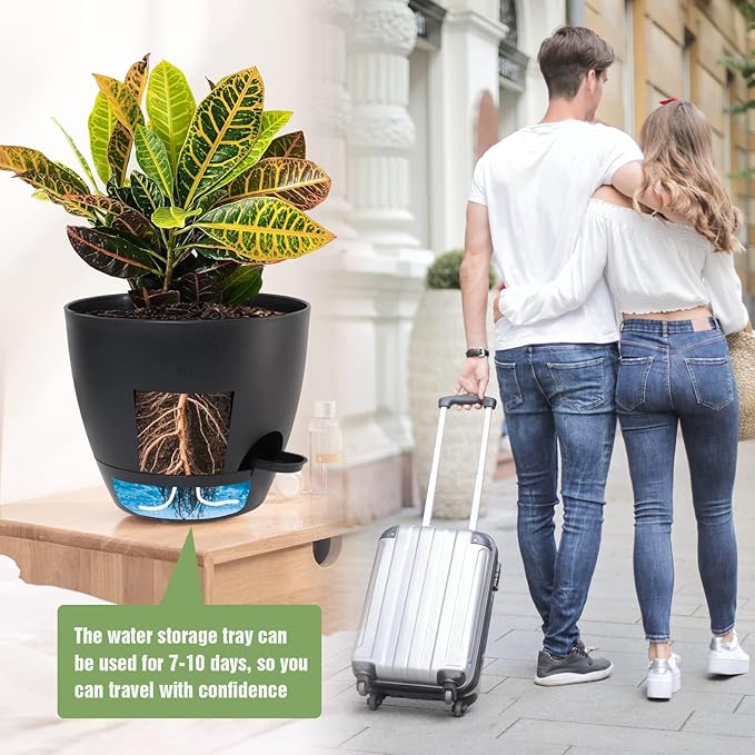 10/9/8 inch Self Watering Pots, Set of 3 Plastic Planters with Mesh Drainage Holes and Deep Reservoir for Indoor Outdoor Garden Plants and Flowers, Black