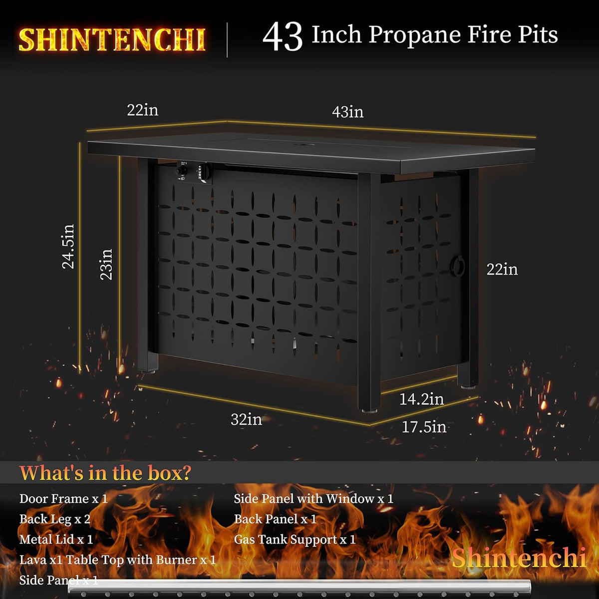 Shintenchi 43 Inch Fire Pit Table, 50,000 BTU Outdoor Propane Fire Table, Outdoor Steel Propane Fire Pit with Lid and Lava Rock for Garden, Yard, Camping, Pool Use, Black