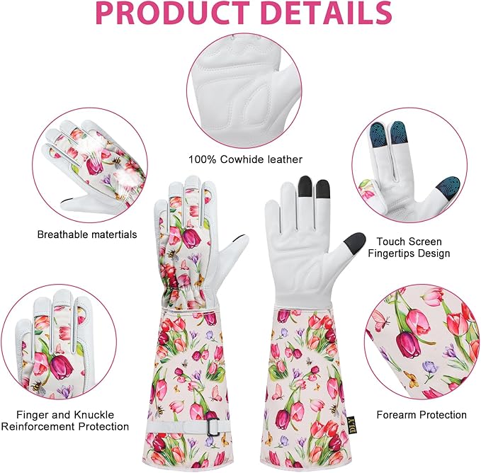 DLY Gardening Gloves for Women, Rose Gloves Gardening Thorn Proof, Long Garden Gloves for Women, Breathable Cowhide Leather Gauntlet(Medium,White)